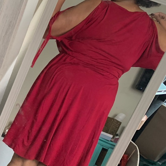RED COLD SHOULDER JERSEY SKATER DRESS - Picture 7 of 7